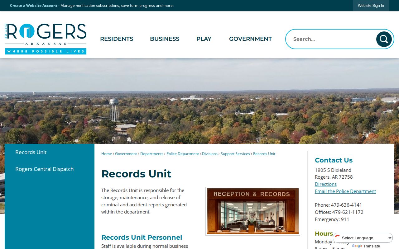Rogers Police Records Unit webpage for police arrest record requests